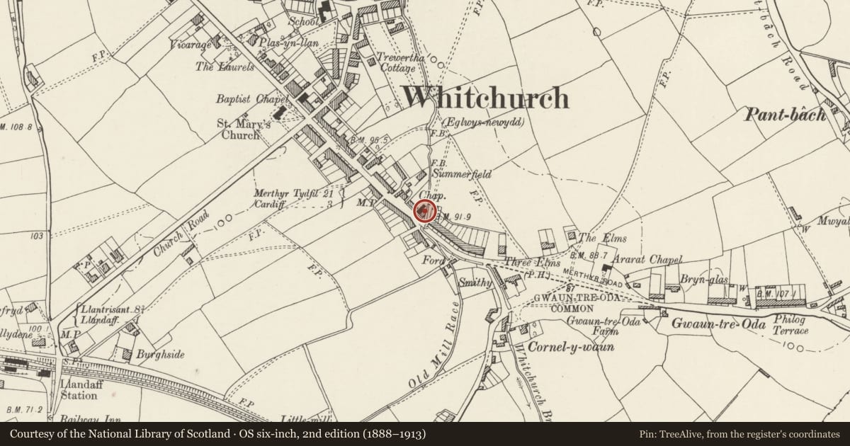 Ordnance Survey six-inch map, 2nd edition (1888–1913) covering the location of Tabernacle Chapel, Whitchurch, Cardiff, with a pin at the register's coordinates