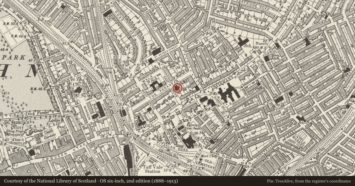 Ordnance Survey six-inch map, 2nd edition (1888–1913) covering the location of Tredegarville Baptist Church, Roath, Cardiff, with a pin at the register's coordinates