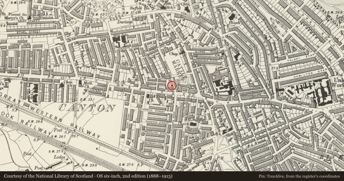 Ordnance Survey six-inch map, 2nd edition (1888–1913) covering the location of Salem Eglwys Bresbyteraidd Cymru, Canton, Cardiff, with a pin at the register's coordinates