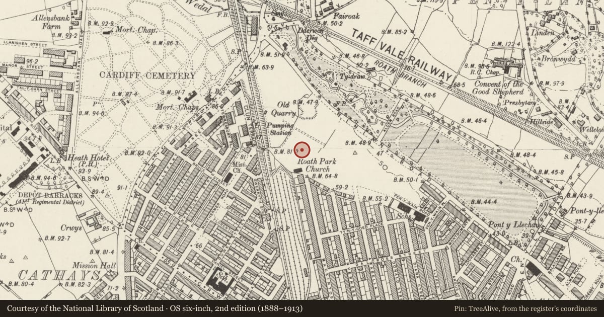 Ordnance Survey six-inch map, 2nd edition (1888–1913) covering the location of Roath Park United Reform Church, Cardiff, with a pin at the register's coordinates