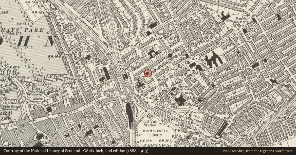 Ordnance Survey six-inch map, 2nd edition (1888–1913) covering the location of Unitarian Church, Roath, Cardiff, with a pin at the register's coordinates