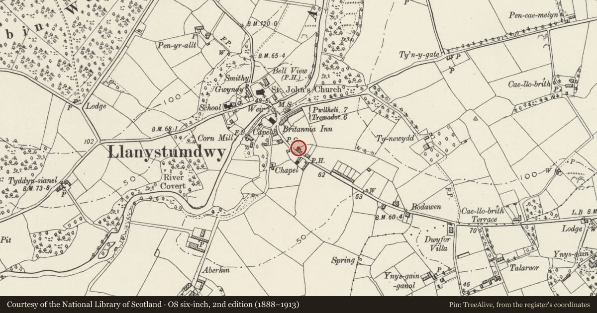 Ordnance Survey six-inch map, 2nd edition (1888–1913) covering the location of Tai Newyddion, Llanystumdwy, Gwynedd, with a pin at the register's coordinates