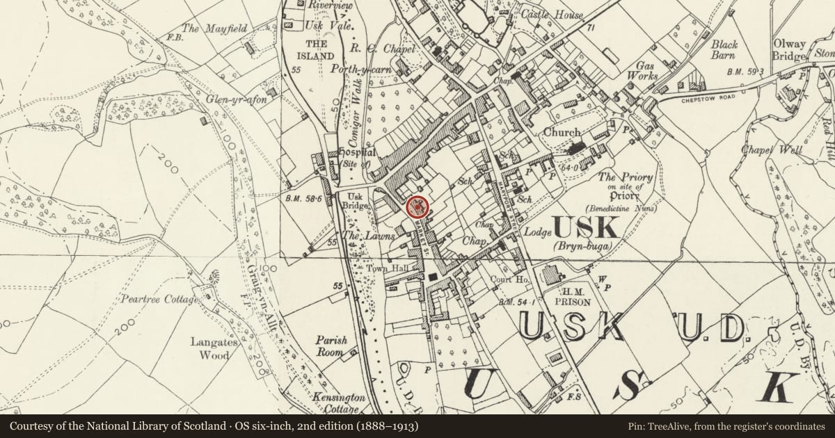 Ordnance Survey six-inch map, 2nd edition (1888–1913) covering the location of Usk Rural Life Museum, Monmouthshire, with a pin at the register's coordinates
