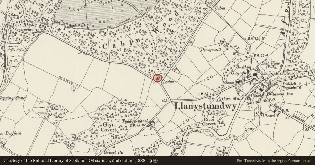 Ordnance Survey six-inch map, 2nd edition (1888–1913) covering the location of Gwynfryn Lodge, Llanystumdwy, Gwynedd, with a pin at the register's coordinates
