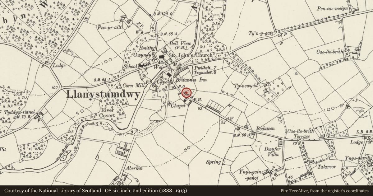 Ordnance Survey six-inch map, 2nd edition (1888–1913) covering the location of Tai Newyddion, Llanystumdwy, Gwynedd, with a pin at the register's coordinates