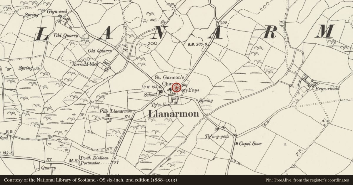 Ordnance Survey six-inch map, 2nd edition (1888–1913) covering the location of Former School in the churchyard of the Church of St Garmon, Llanystumdwy, Gwynedd, with a pin at the register's coordinates