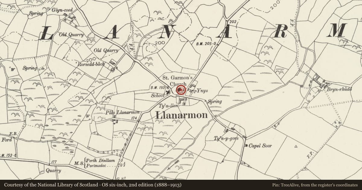 Ordnance Survey six-inch map, 2nd edition (1888–1913) covering the location of Vaughan Chest Tomb in the churchyard of the Church of St Garmon, Llanystumdwy, Gwynedd, with a pin at the register's coordinates