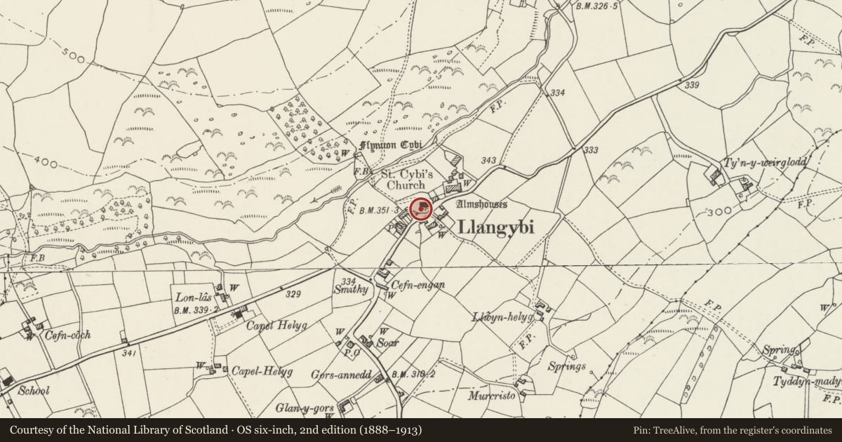 Ordnance Survey six-inch map, 2nd edition (1888–1913) covering the location of Lychgate and Churchyard Wall to the Church of St Cybi, Llanystumdwy, Gwynedd, with a pin at the register's coordinates