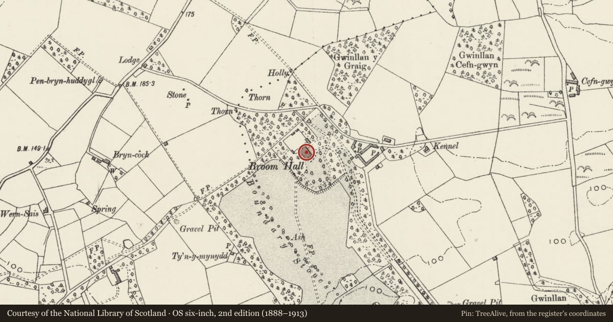 Ordnance Survey six-inch map, 2nd edition (1888–1913) covering the location of Broom Hall, Llanystumdwy, Gwynedd, with a pin at the register's coordinates