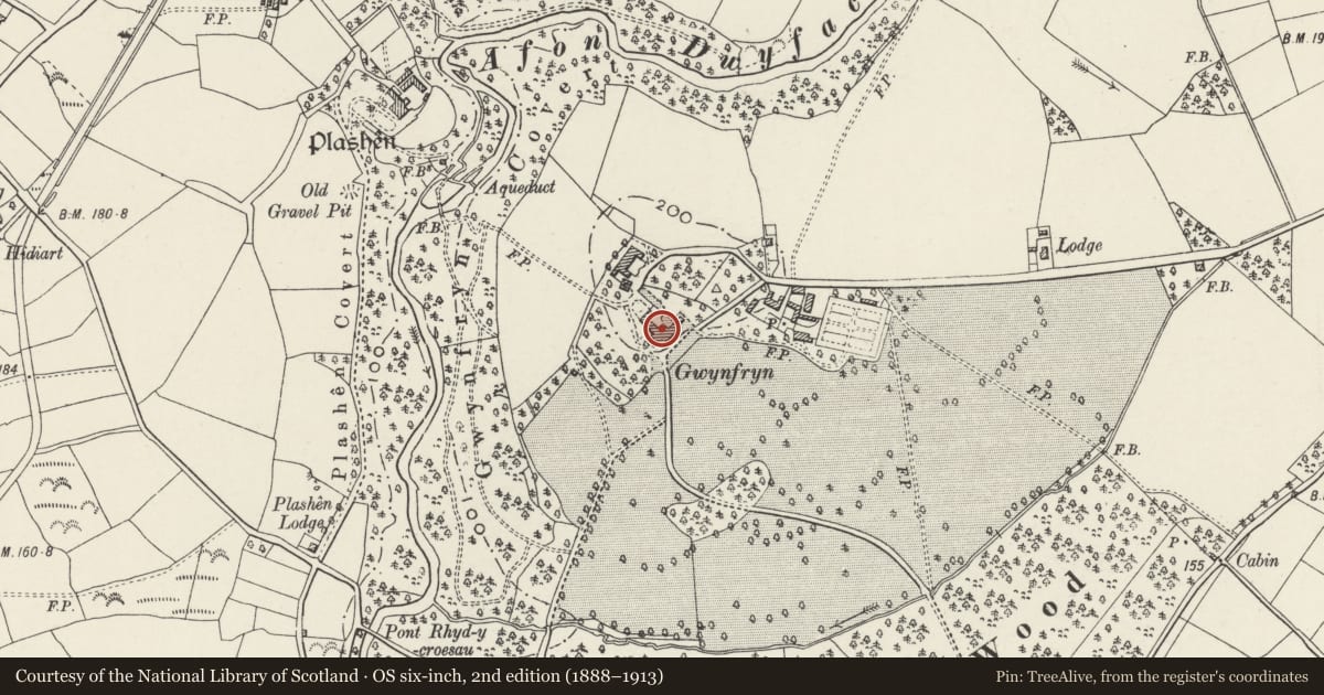 Ordnance Survey six-inch map, 2nd edition (1888–1913) covering the location of Plas Gwynfryn, Llanystumdwy, Gwynedd, with a pin at the register's coordinates