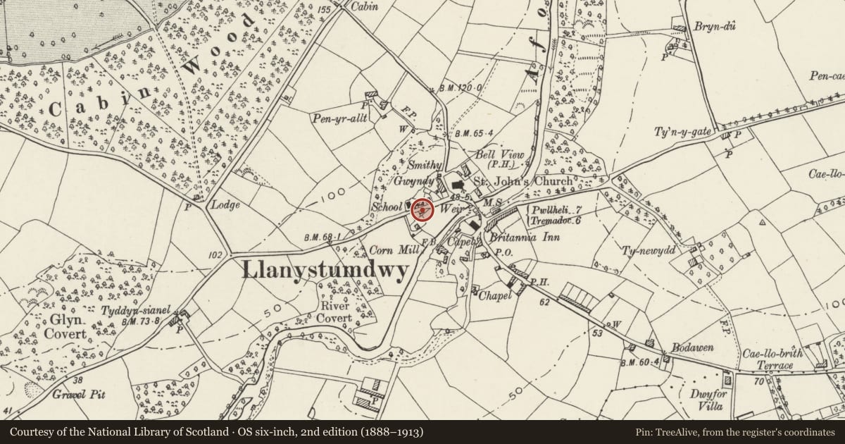 Ordnance Survey six-inch map, 2nd edition (1888–1913) covering the location of No 2, Minafon, Llanystumdwy, Gwynedd, with a pin at the register's coordinates