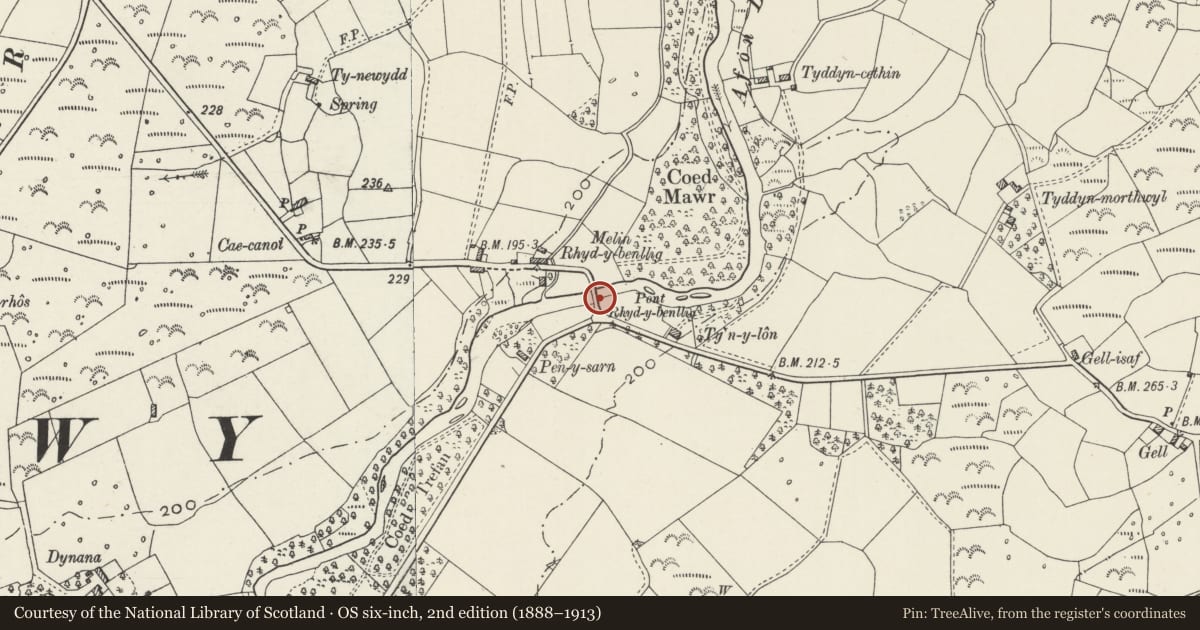 Ordnance Survey six-inch map, 2nd edition (1888–1913) covering the location of Pont Rhyd-y-benllig, Llanystumdwy, Gwynedd, with a pin at the register's coordinates