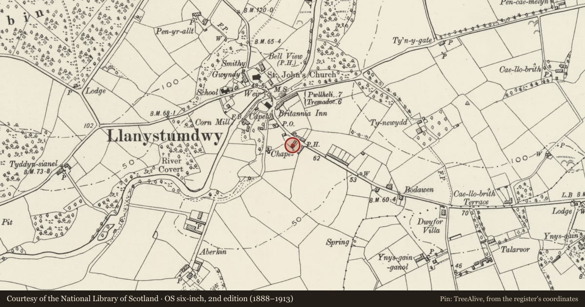 Ordnance Survey six-inch map, 2nd edition (1888–1913) covering the location of Tabernacl, Llanystumdwy, Gwynedd, with a pin at the register's coordinates