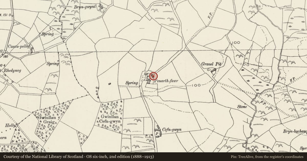 Ordnance Survey six-inch map, 2nd edition (1888–1913) covering the location of House at Penarth-fawr, Llanystumdwy, Gwynedd, with a pin at the register's coordinates