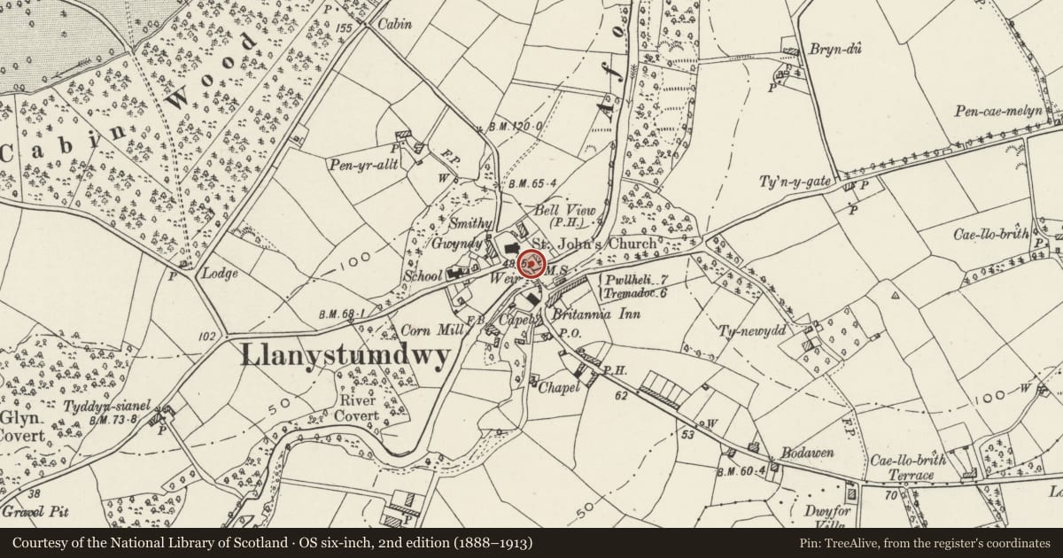 Ordnance Survey six-inch map, 2nd edition (1888–1913) covering the location of Milestone, Llanystumdwy, Gwynedd, with a pin at the register's coordinates