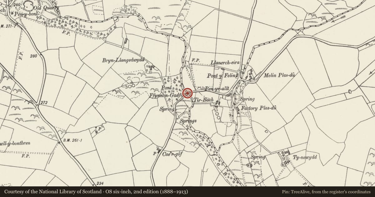 Ordnance Survey six-inch map, 2nd edition (1888–1913) covering the location of Pont Ffynnon-gadfa, Llanystumdwy, Gwynedd, with a pin at the register's coordinates