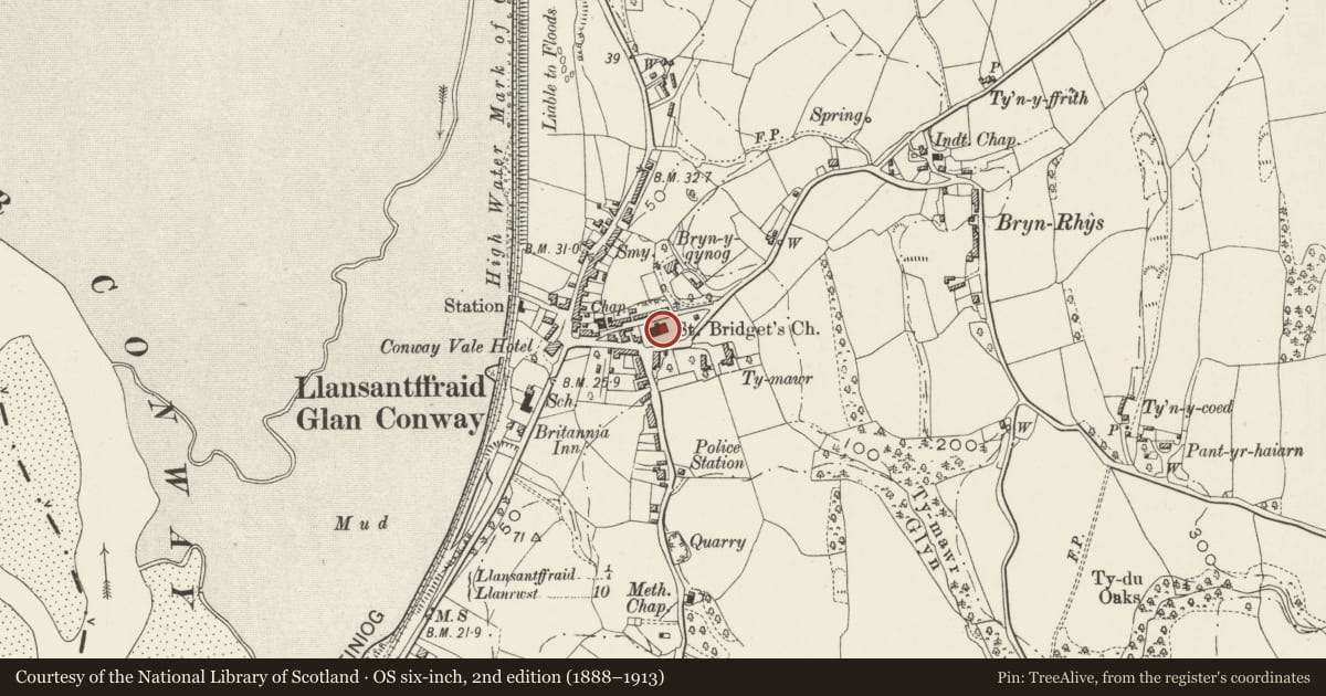 Ordnance Survey six-inch map, 2nd edition (1888–1913) covering the location of Parish Church of St Ffraid, Llansanffraid Glan Conwy, Conwy, with a pin at the register's coordinates