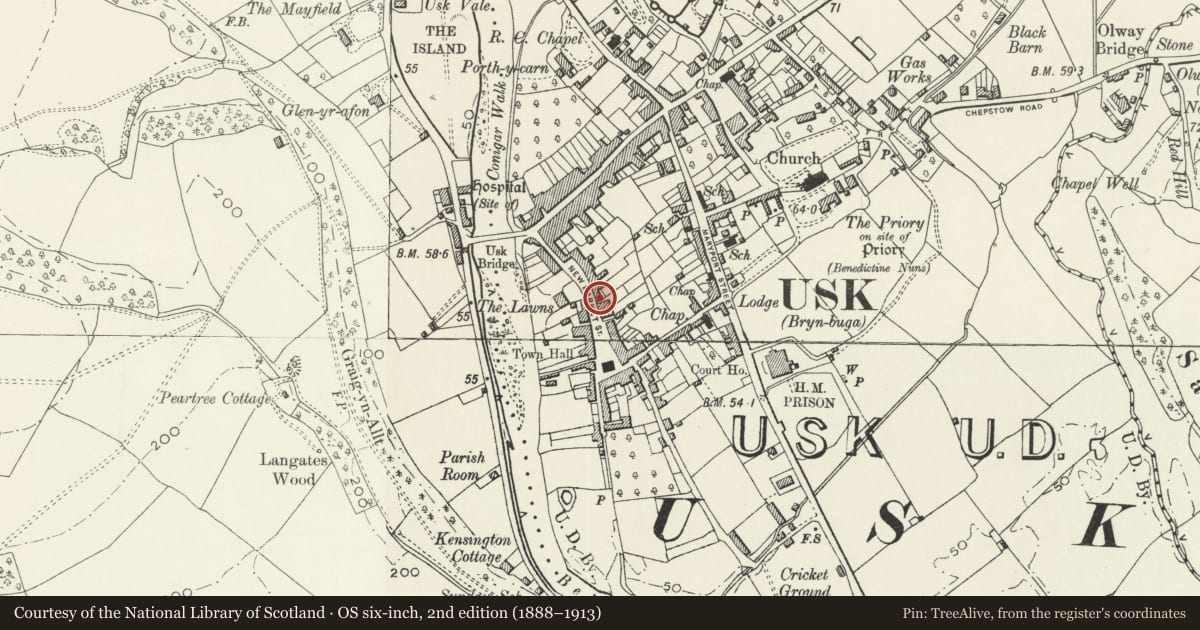 Ordnance Survey six-inch map, 2nd edition (1888–1913) covering the location of No.23 New Market Street, and attached irailings, Usk, Monmouthshire, with a pin at the register's coordinates