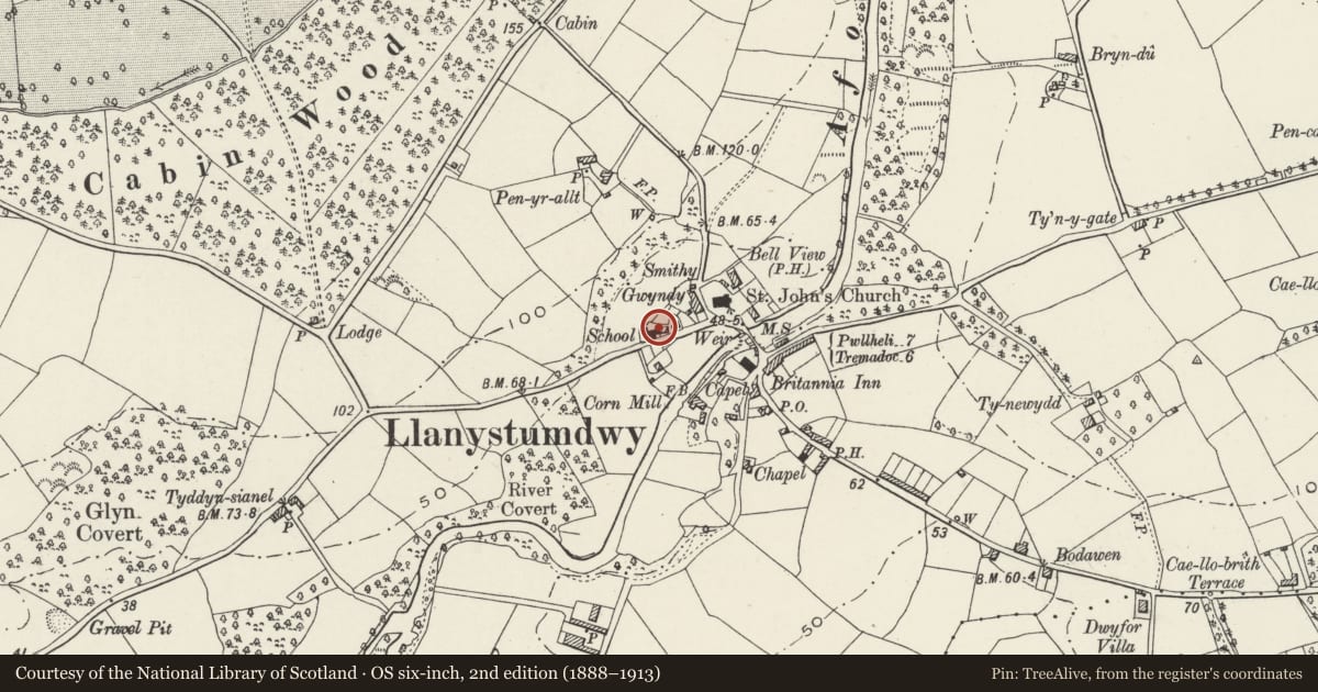 Ordnance Survey six-inch map, 2nd edition (1888–1913) covering the location of Ysgol Llanystumdwy, Gwynedd, with a pin at the register's coordinates