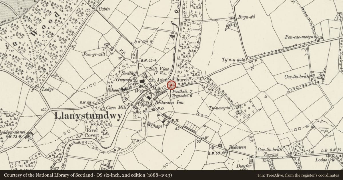 Ordnance Survey six-inch map, 2nd edition (1888–1913) covering the location of Grave of David Lloyd George, Llanystumdwy, Gwynedd, with a pin at the register's coordinates