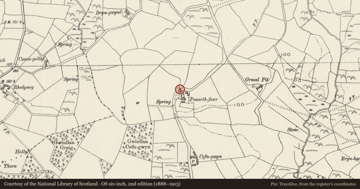 Ordnance Survey six-inch map, 2nd edition (1888–1913) covering the location of Former Stable at Penarth-fawr, Llanystumdwy, Gwynedd, with a pin at the register's coordinates