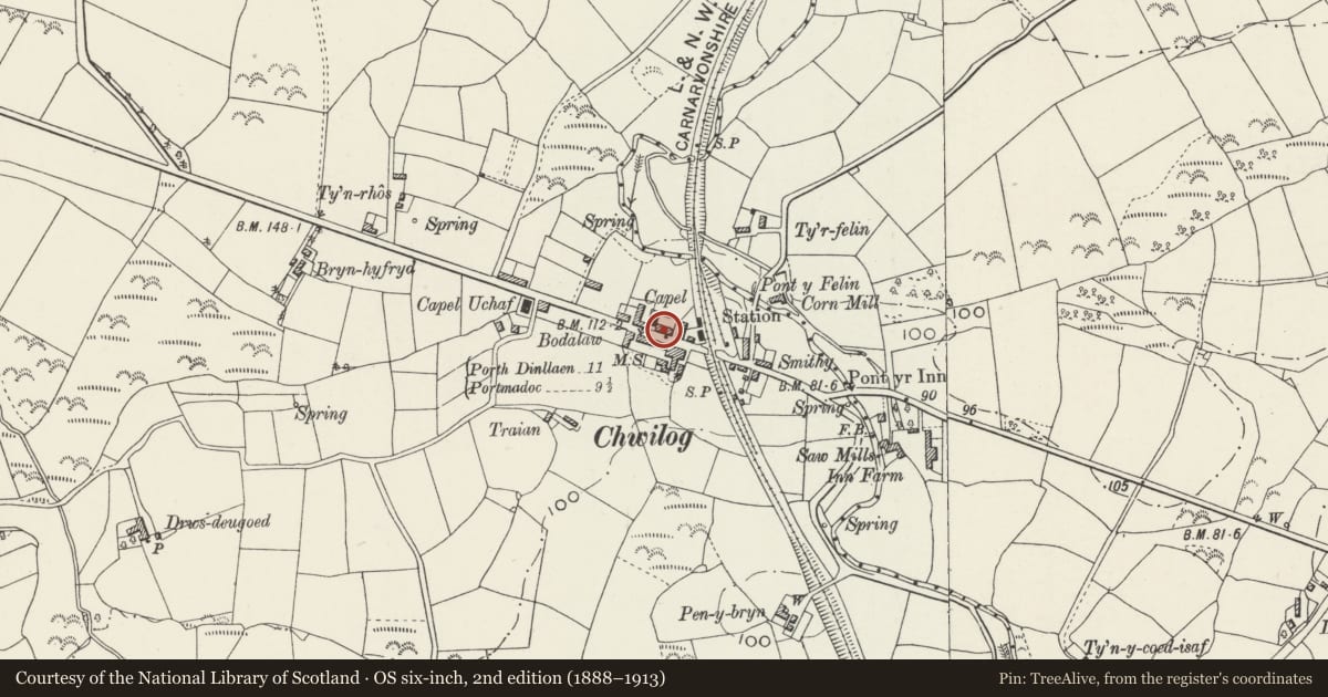 Ordnance Survey six-inch map, 2nd edition (1888–1913) covering the location of Milestone, Llanystumdwy, Gwynedd, with a pin at the register's coordinates
