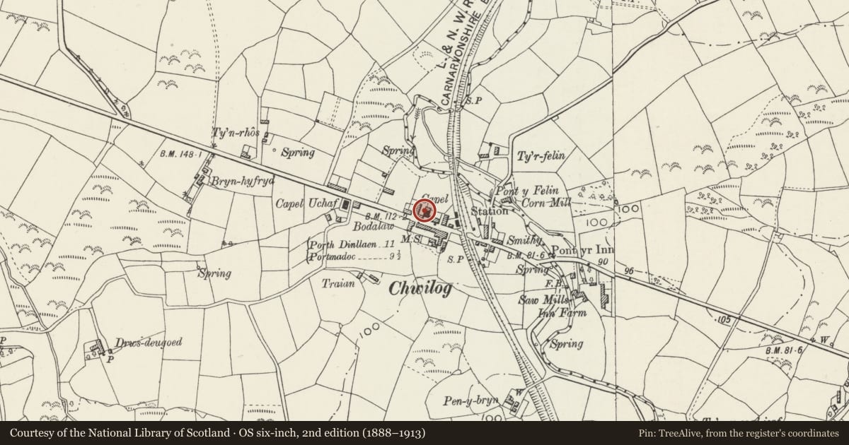 Ordnance Survey six-inch map, 2nd edition (1888–1913) covering the location of Capel Siloh, Llanystumdwy, Gwynedd, with a pin at the register's coordinates