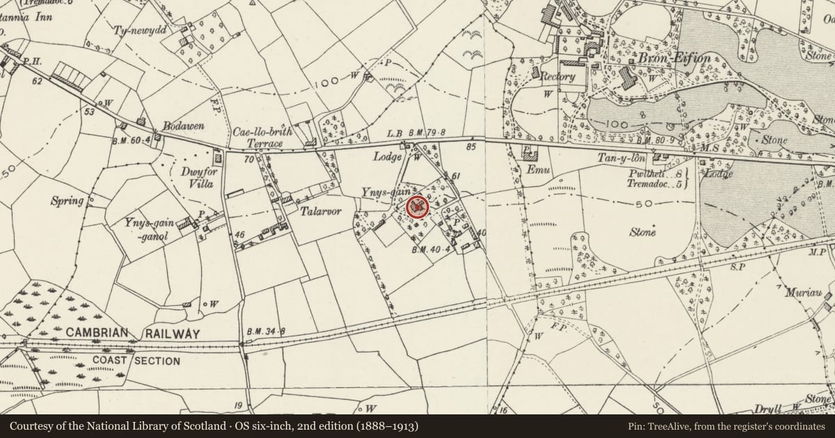 Ordnance Survey six-inch map, 2nd edition (1888–1913) covering the location of Talarfor, Llanystumdwy, Gwynedd, with a pin at the register's coordinates