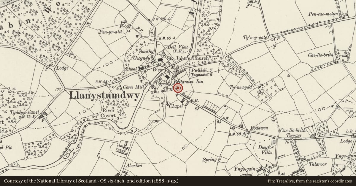 Ordnance Survey six-inch map, 2nd edition (1888–1913) covering the location of Caernarfon Gates and Gate Piers to Amgueddfa Lloyd George, Llanystumdwy, Gwynedd, with a pin at the register's coordinates