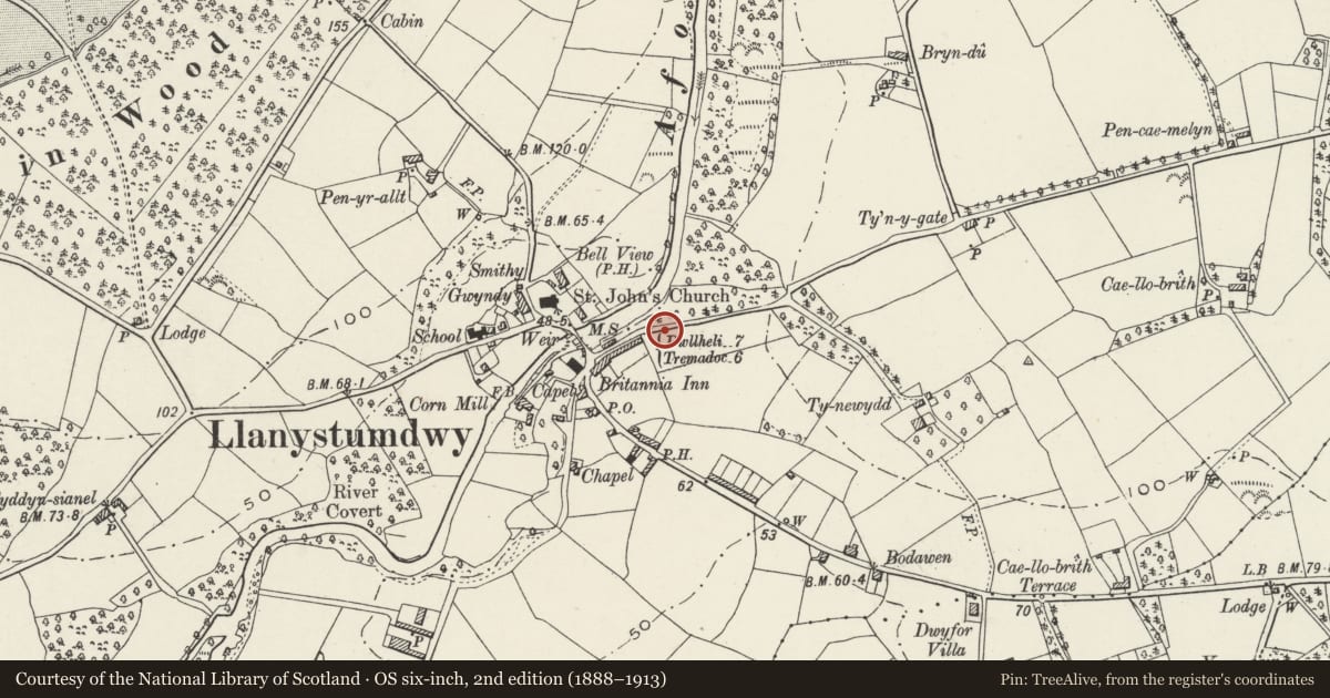Ordnance Survey six-inch map, 2nd edition (1888–1913) covering the location of Pwllheli Gates and Gate Piers to Amgueddfa Lloyd George, Llanystumdwy, Gwynedd, with a pin at the register's coordinates
