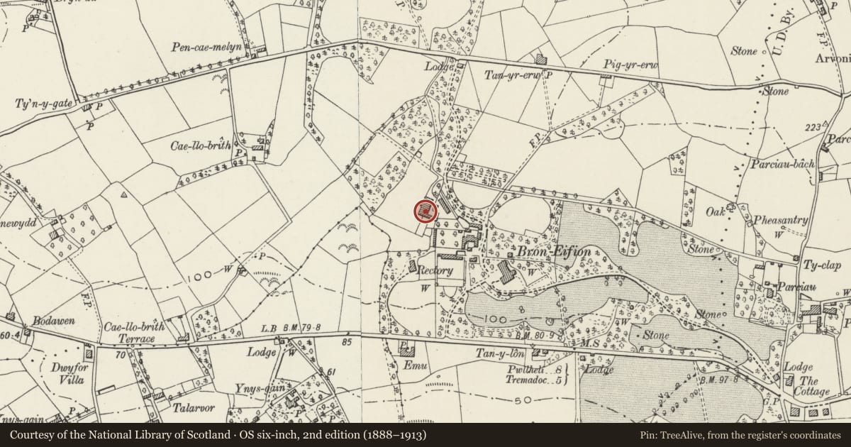 Ordnance Survey six-inch map, 2nd edition (1888–1913) covering the location of Farm Buildings at Bron-Eifion Farm, Llanystumdwy, Gwynedd, with a pin at the register's coordinates