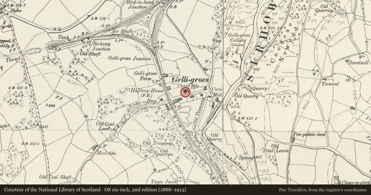 Ordnance Survey six-inch map, 2nd edition (1888–1913) covering the location of Pair of chest tombs at Siloh Presbyterian Church, Pontllanfraith, Caerphilly, with a pin at the register's coordinates