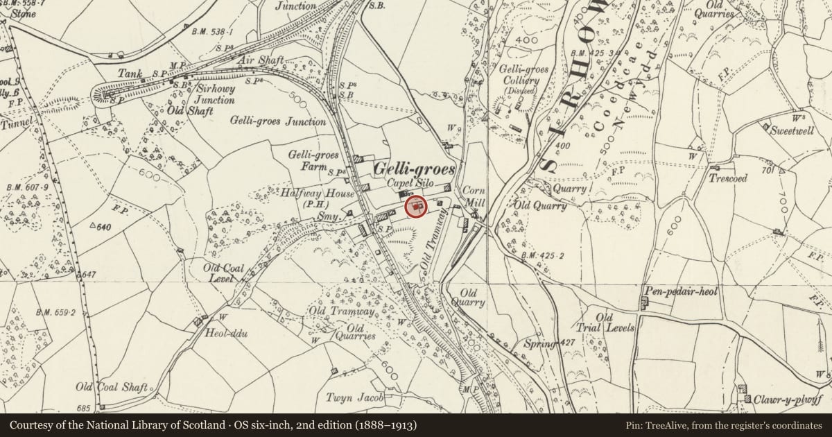 Ordnance Survey six-inch map, 2nd edition (1888–1913) covering the location of Heather Cottage, Pontllanfraith, Caerphilly, with a pin at the register's coordinates