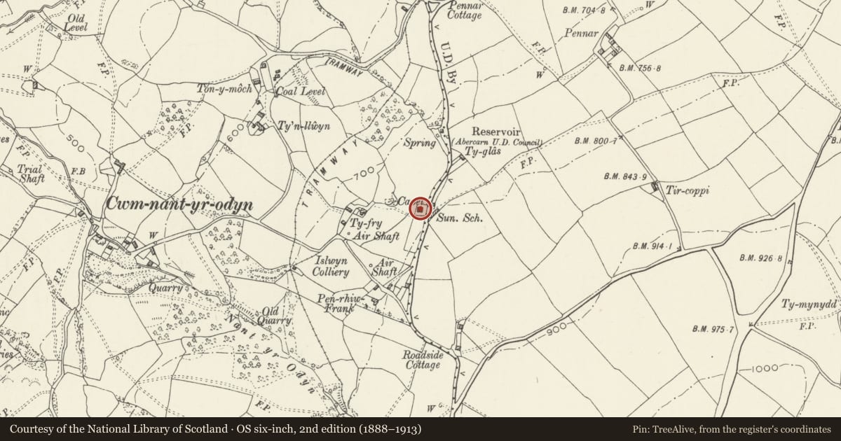 Ordnance Survey six-inch map, 2nd edition (1888–1913) covering the location of New Bethel Chapel, Pontllanfraith, Caerphilly, with a pin at the register's coordinates