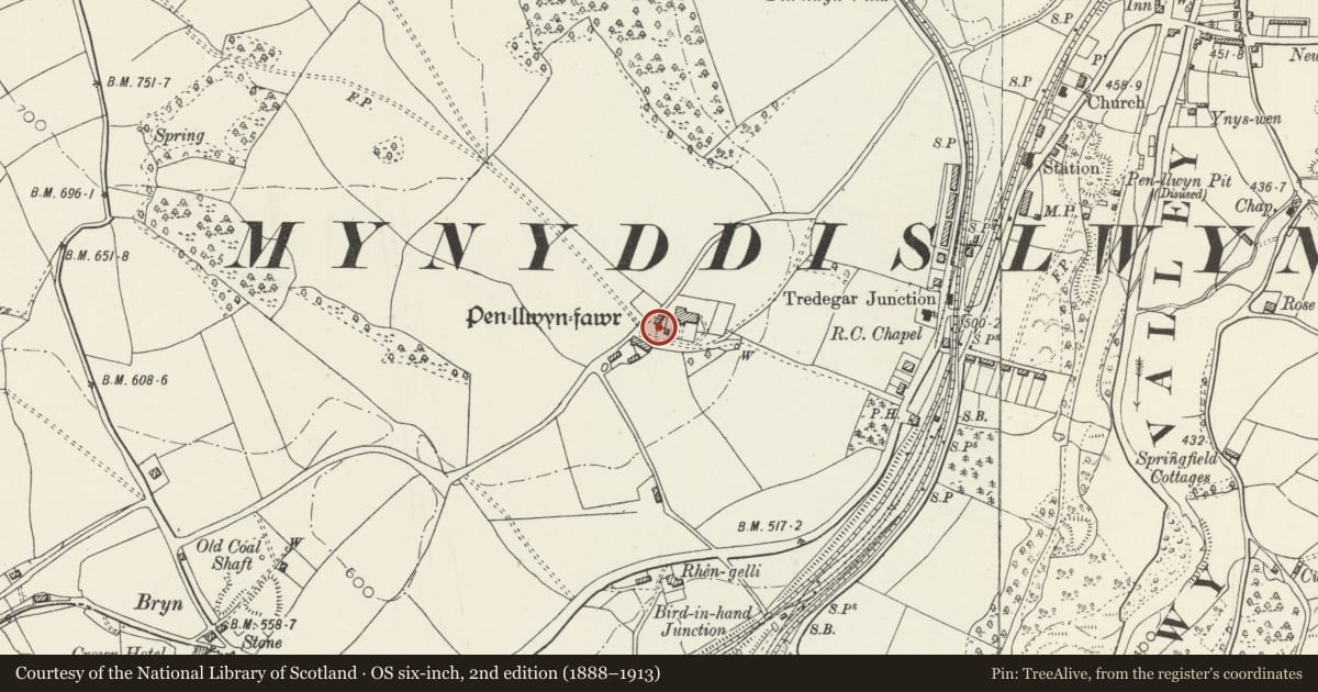 Ordnance Survey six-inch map, 2nd edition (1888–1913) covering the location of Garden Wall at Penllwyn, Pontllanfraith, Caerphilly, with a pin at the register's coordinates
