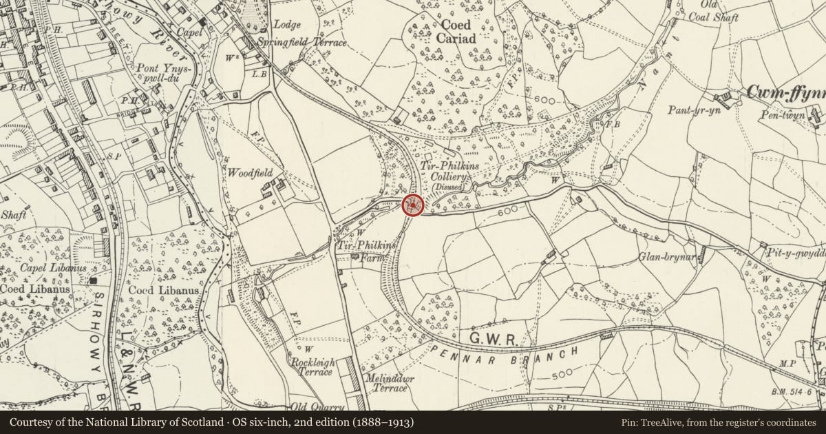 Ordnance Survey six-inch map, 2nd edition (1888–1913) covering the location of Former Tramroad Bridge (partly in Penmaen Community), Caerphilly, with a pin at the register's coordinates