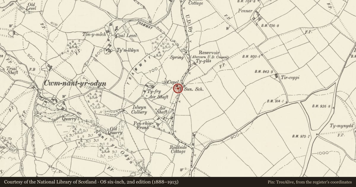 Ordnance Survey six-inch map, 2nd edition (1888–1913) covering the location of Monuments to James Thomas and family at New Bethel, Pontllanfraith, Caerphilly, with a pin at the register's coordinates