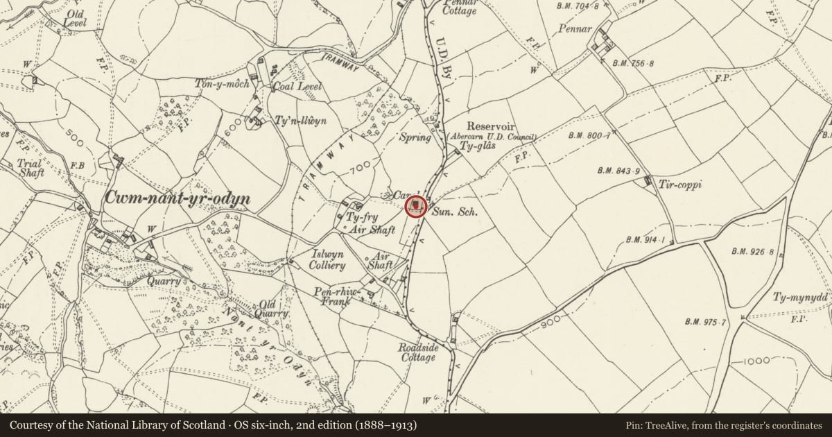 Ordnance Survey six-inch map, 2nd edition (1888–1913) covering the location of Monument to Martha Williams at New Bethel, Pontllanfraith, Caerphilly, with a pin at the register's coordinates