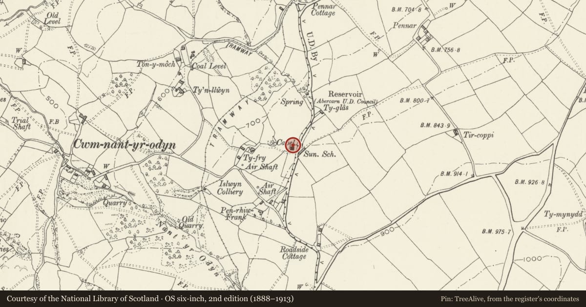 Ordnance Survey six-inch map, 2nd edition (1888–1913) covering the location of Nicholas monument at New Bethel, Pontllanfraith, Caerphilly, with a pin at the register's coordinates