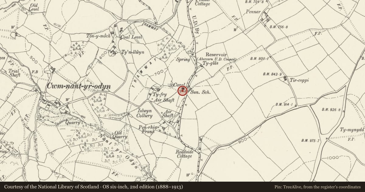 Ordnance Survey six-inch map, 2nd edition (1888–1913) covering the location of Monument to Thomas Henry Thomas at New Bethel, Pontllanfraith, Caerphilly, with a pin at the register's coordinates