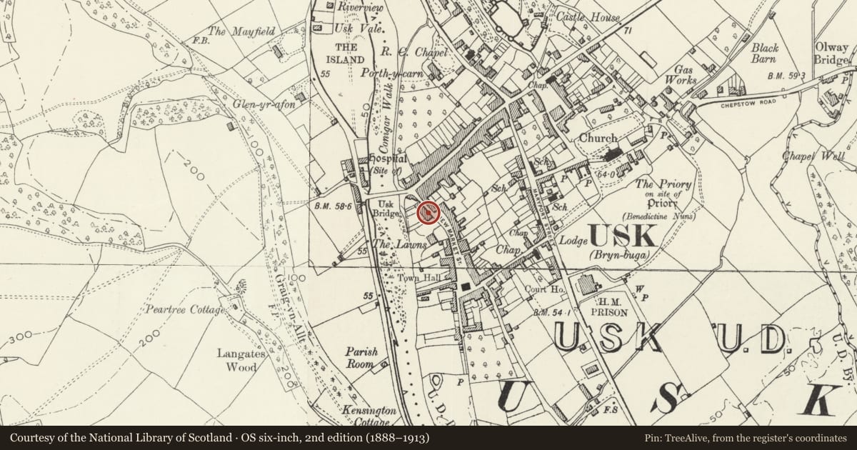 Ordnance Survey six-inch map, 2nd edition (1888–1913) covering the location of Merlin Cottage, Usk, Monmouthshire, with a pin at the register's coordinates