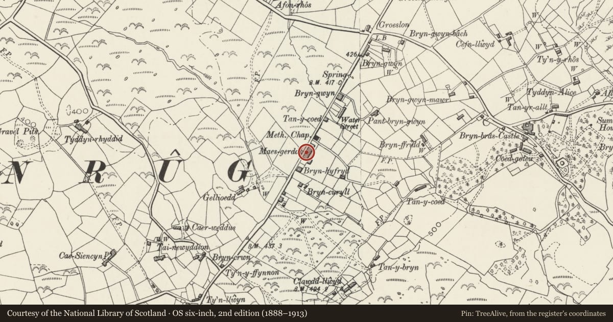 Ordnance Survey six-inch map, 2nd edition (1888–1913) covering the location of Former Post Office & Nos 1-3 Maes Gerddi, Llanrug, Gwynedd, with a pin at the register's coordinates
