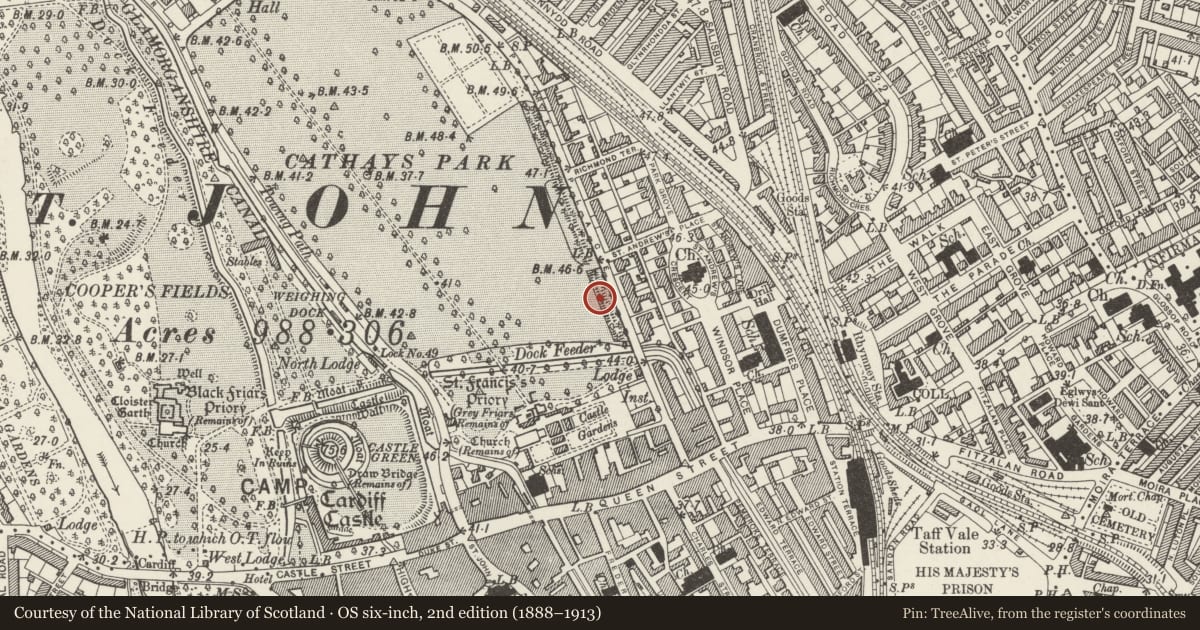Ordnance Survey six-inch map, 2nd edition (1888–1913) covering the location of Hut in Gorsedd Gardens, Castle, Cardiff, with a pin at the register's coordinates