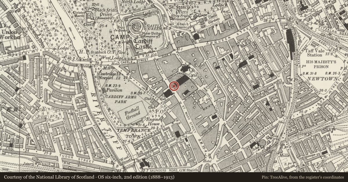 Ordnance Survey six-inch map, 2nd edition (1888–1913) covering the location of Market Buildings (See Trinity St for Market), Castle, Cardiff, with a pin at the register's coordinates
