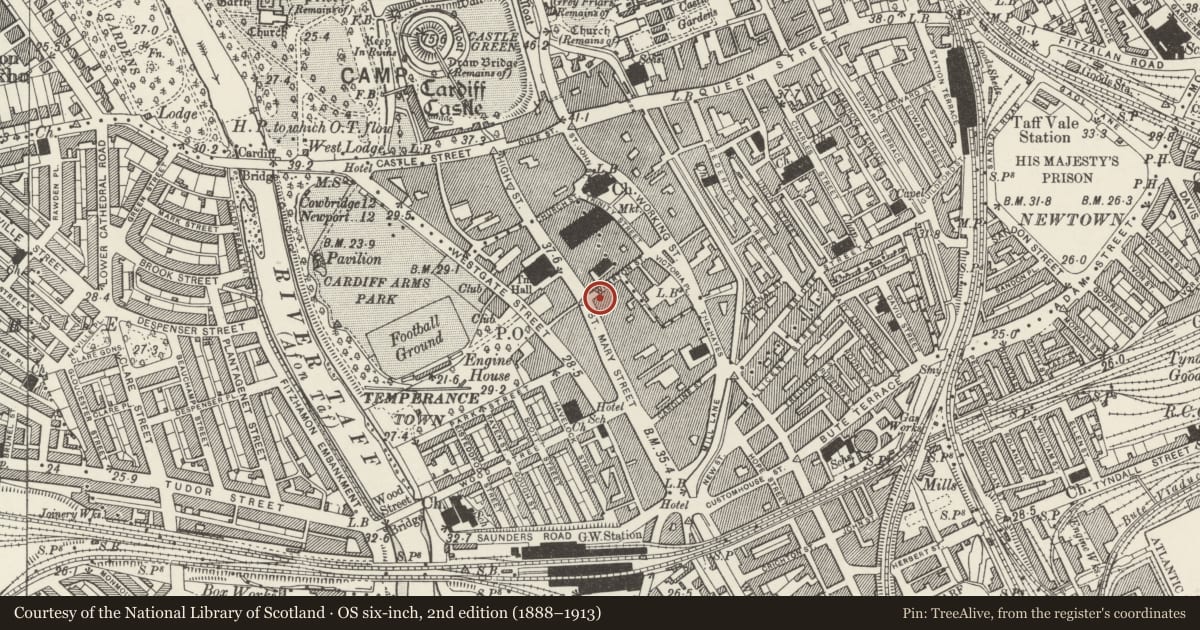 Ordnance Survey six-inch map, 2nd edition (1888–1913) covering the location of Cheltenham & Gloucester Building Society, Castle, Cardiff, with a pin at the register's coordinates