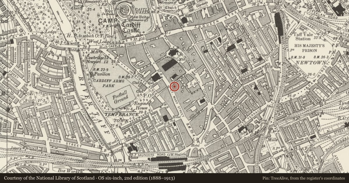 Ordnance Survey six-inch map, 2nd edition (1888–1913) covering the location of Sandringham Hotel, Castle, Cardiff, with a pin at the register's coordinates