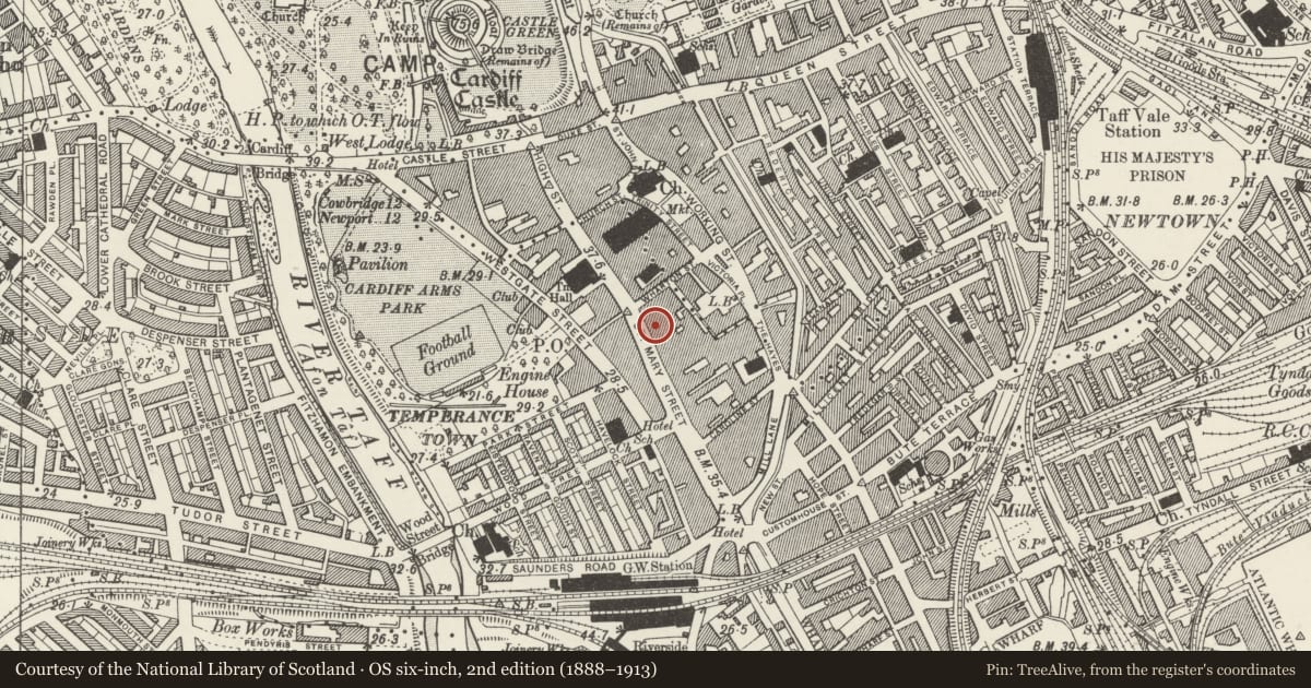 Ordnance Survey six-inch map, 2nd edition (1888–1913) covering the location of Rohan, Castle, Cardiff, with a pin at the register's coordinates