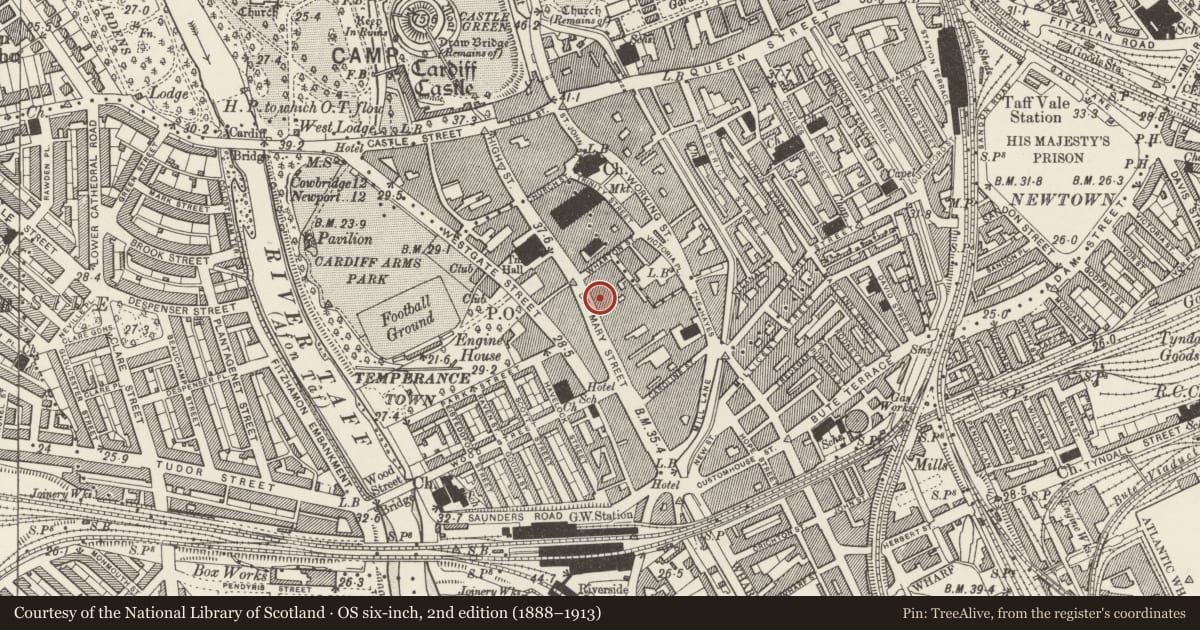 Ordnance Survey six-inch map, 2nd edition (1888–1913) covering the location of The Cottage, Castle, Cardiff, with a pin at the register's coordinates