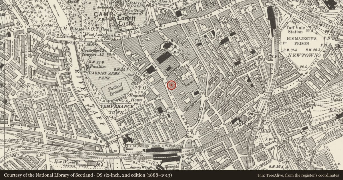Ordnance Survey six-inch map, 2nd edition (1888–1913) covering the location of 26-27 Nationwide Building Society, Castle, Cardiff, with a pin at the register's coordinates