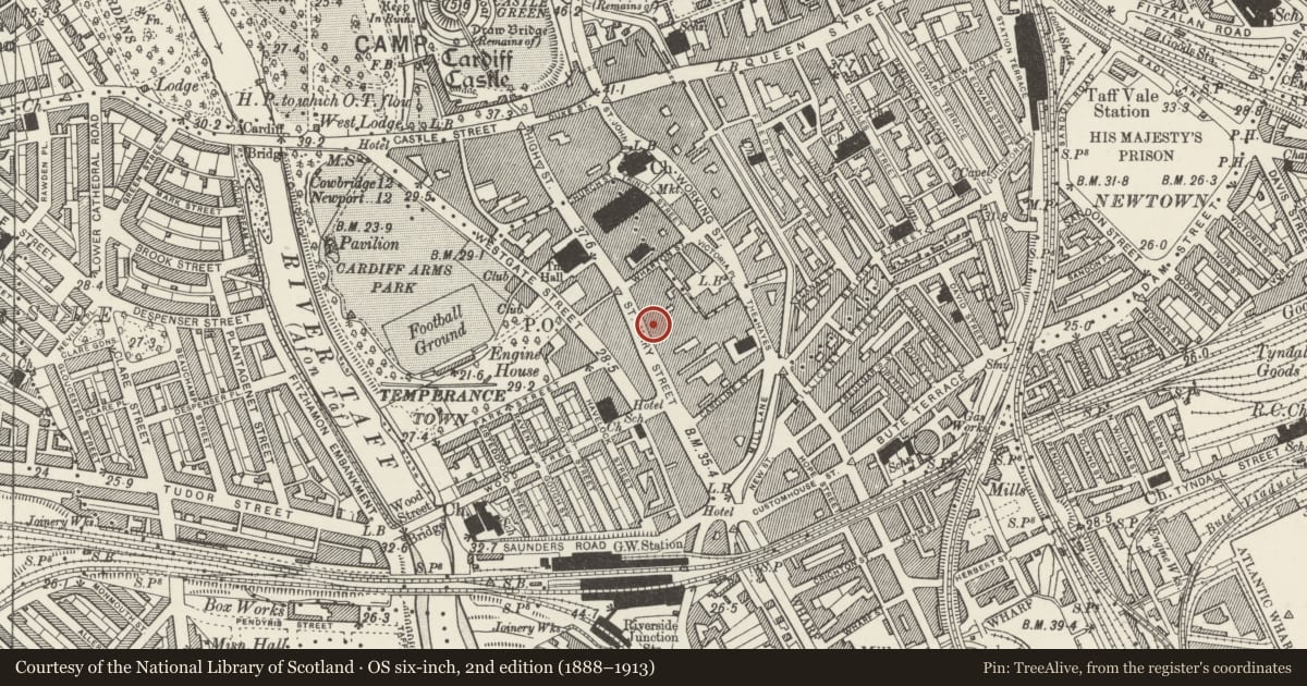 Ordnance Survey six-inch map, 2nd edition (1888–1913) covering the location of 29 & 30, Castle, Cardiff, with a pin at the register's coordinates